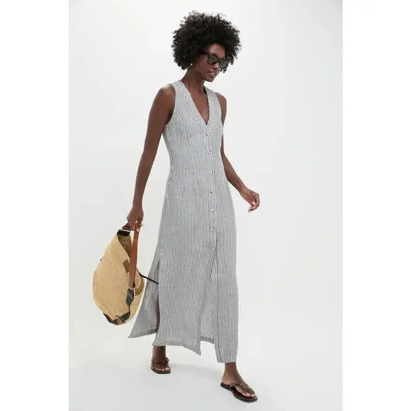 ONIA Deep Navy Striped Air Linen Button Down Maxi Dress Size XS NWT - Picture 7 of 8